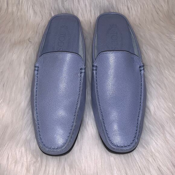 TODS Pebbled Leather Backless Slip On Drivers Mules Loafers, Blue - Picture 3 of 10